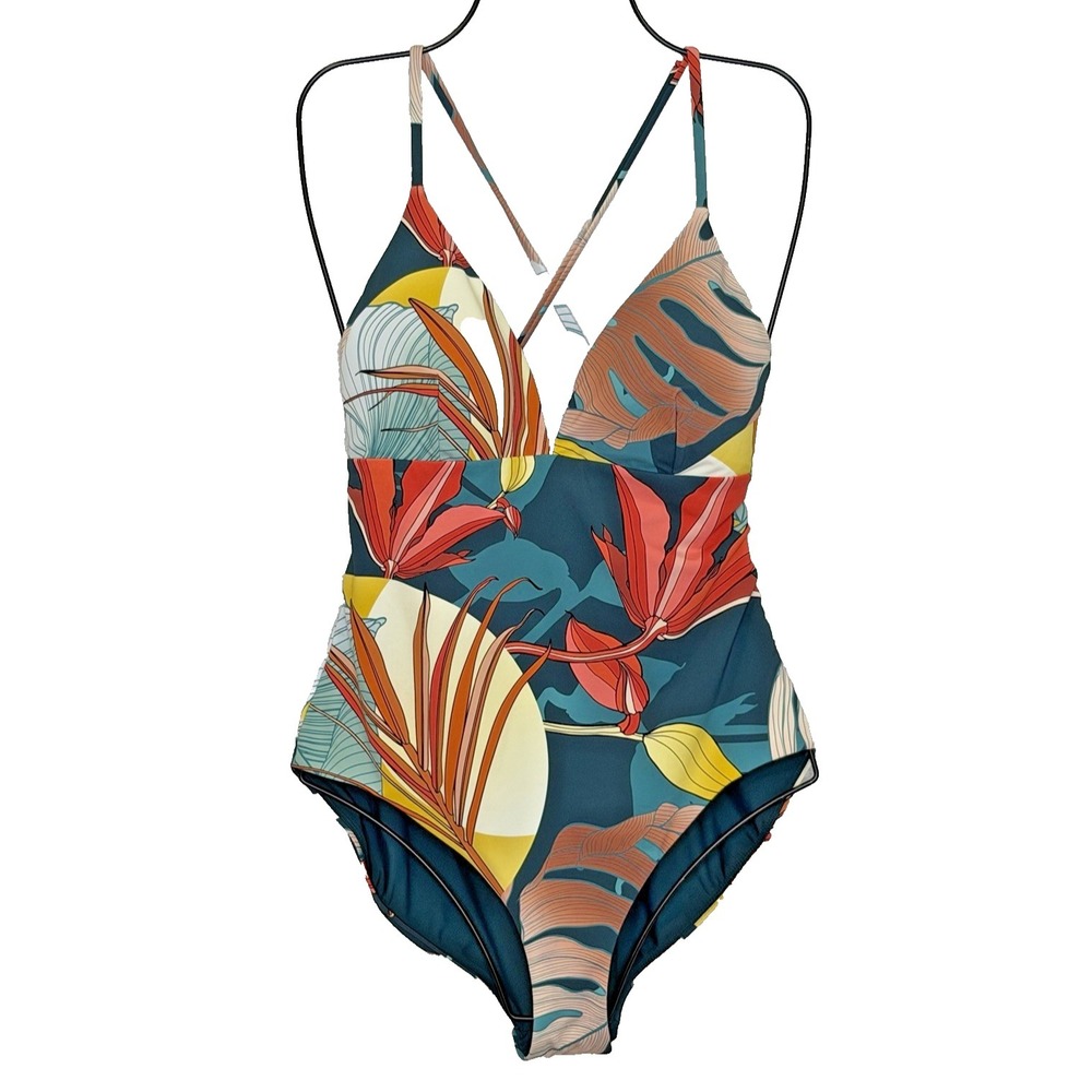 Calia Triangle Strappy One Piece Swimsuit Sz 8 Multicolor Tropical‎ Print Padded